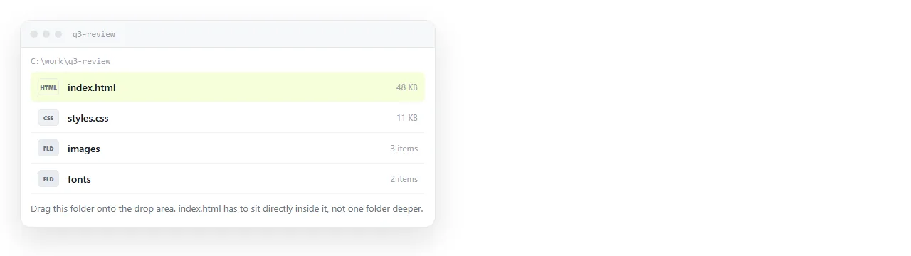 A file manager showing the folder to drag, with index.html sitting directly inside it.