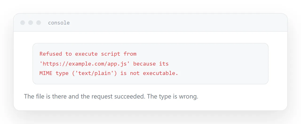 A console showing a script refused because of an incorrect content type.