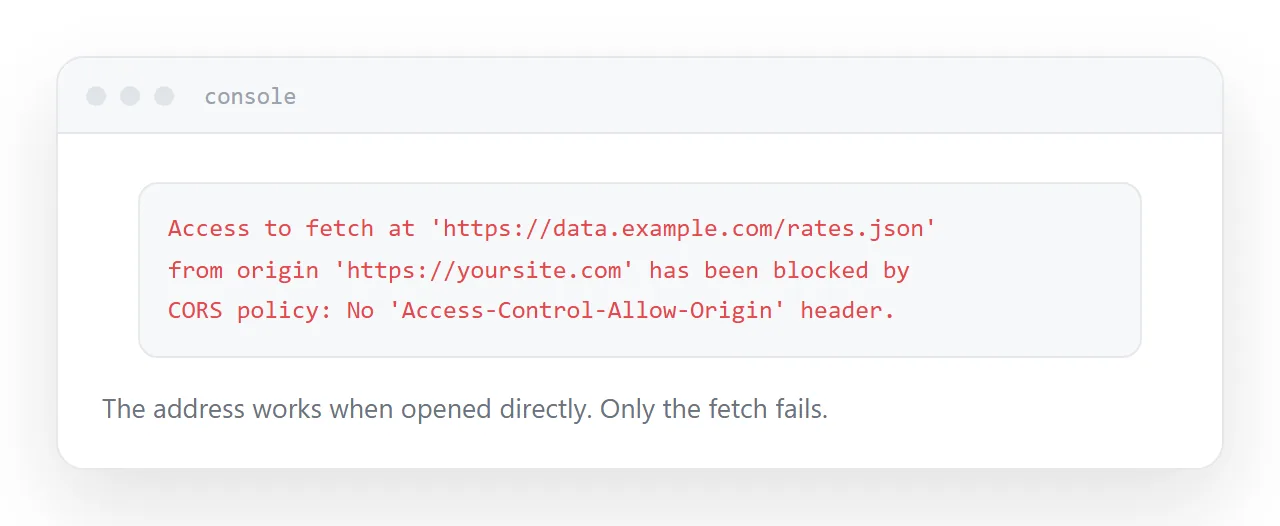 A browser console showing a cross-origin error fetching a data file.