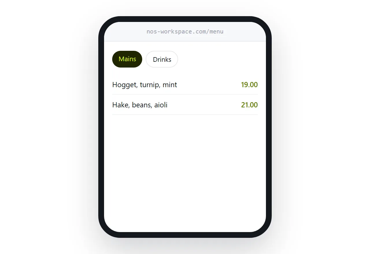 A menu on a phone with categories tappable at the top and prices readable without zooming.