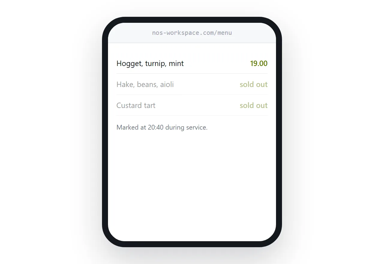 A menu page with two items marked unavailable during service.