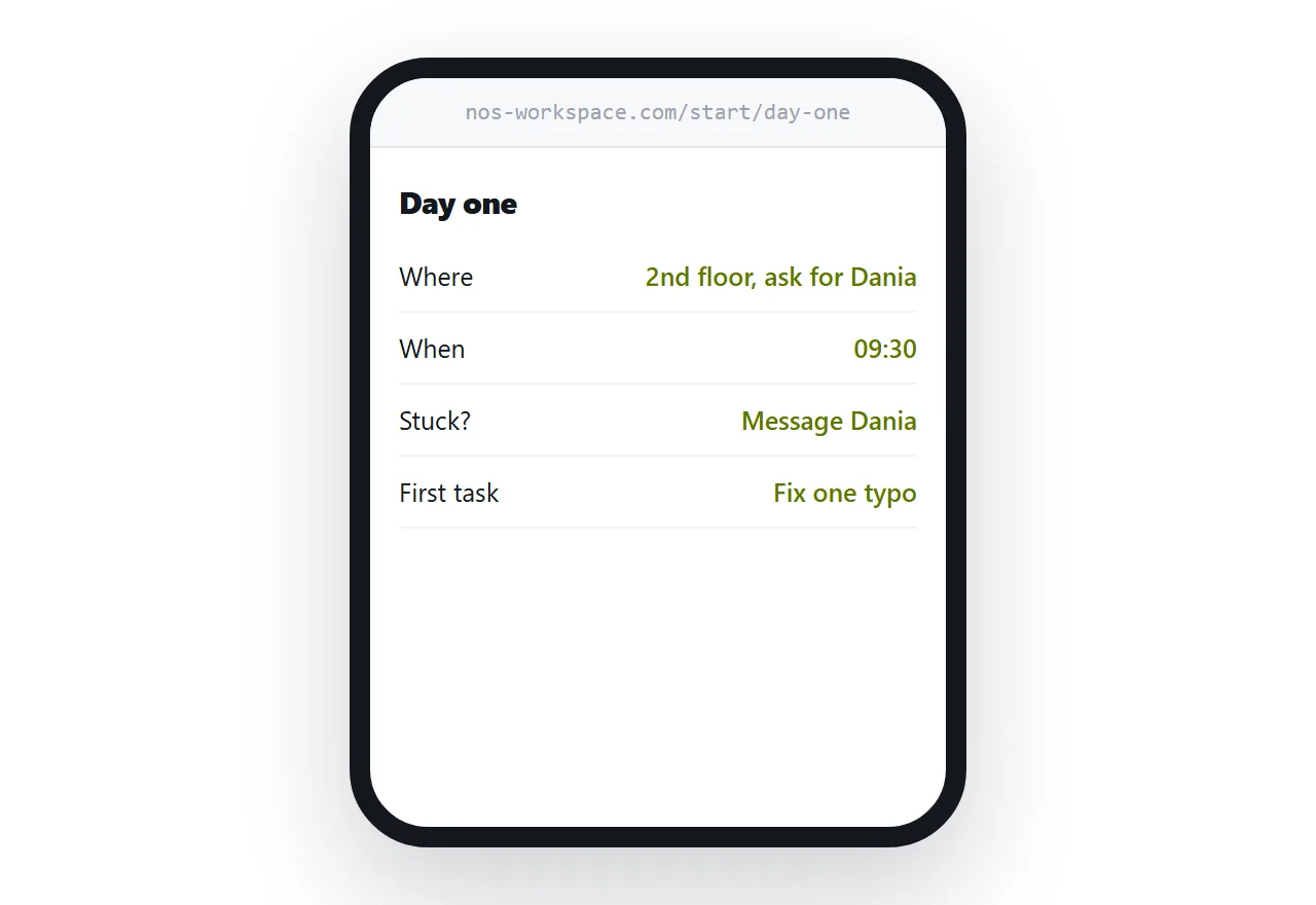 A day one page with location, contact, account steps and one task.