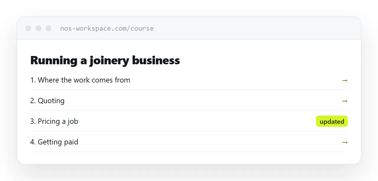 A course index listing lessons, with one marked as updated.