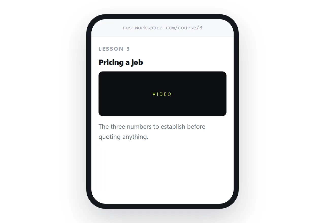 A lesson page on a phone with the video, the summary and the exercise.