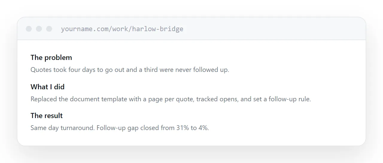 A work example page with problem, what was done and the outcome.