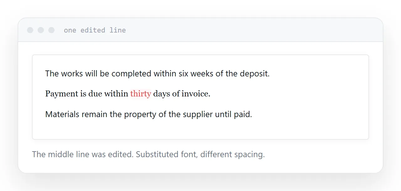 A document with one edited line visibly different in weight and spacing from those around it.