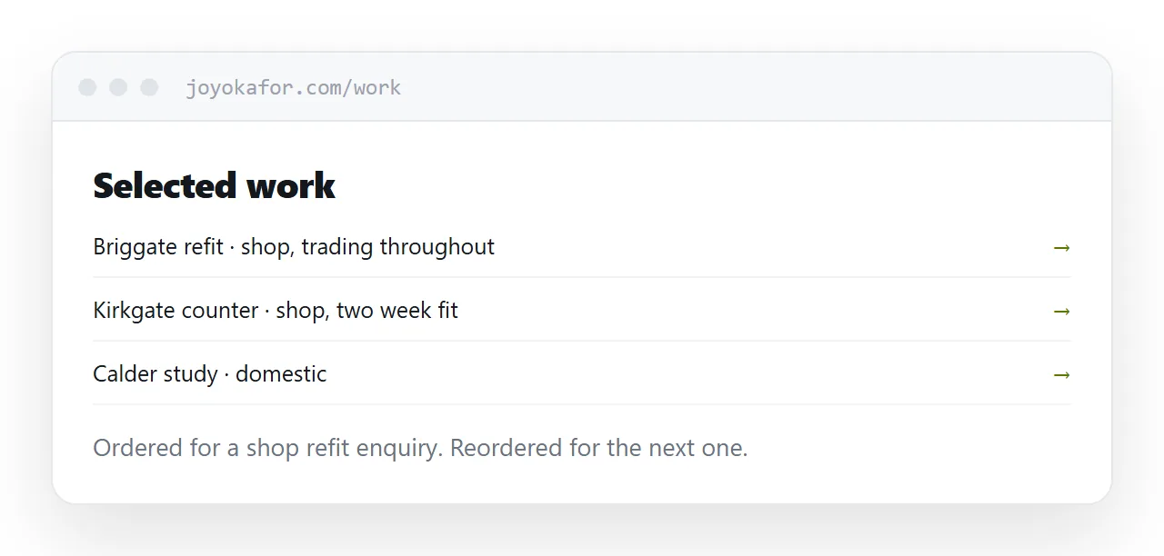 A portfolio ordered for a specific role, with the most relevant piece first.