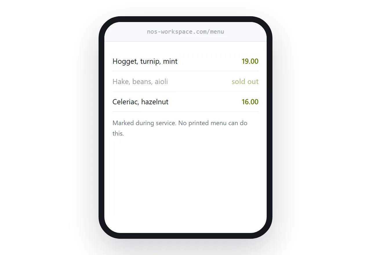 A menu page with two dishes marked unavailable.