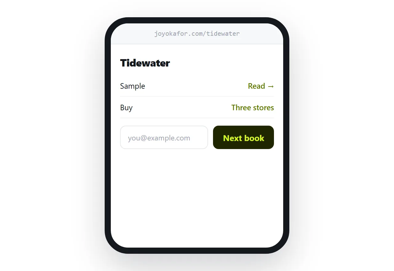 A book page with a sample, store links and a signup, at a personal address.