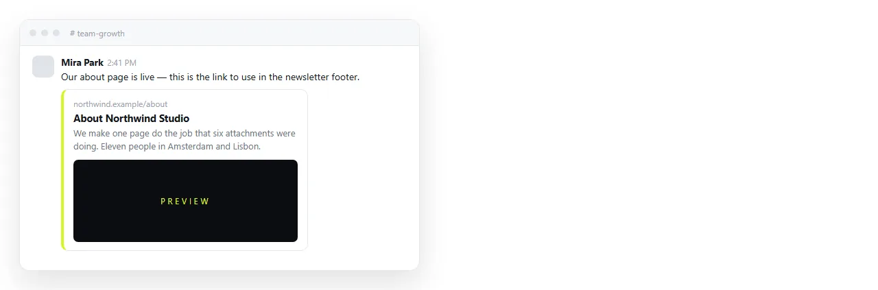 A chat message showing the about page link unfurled into a preview card with title and image.