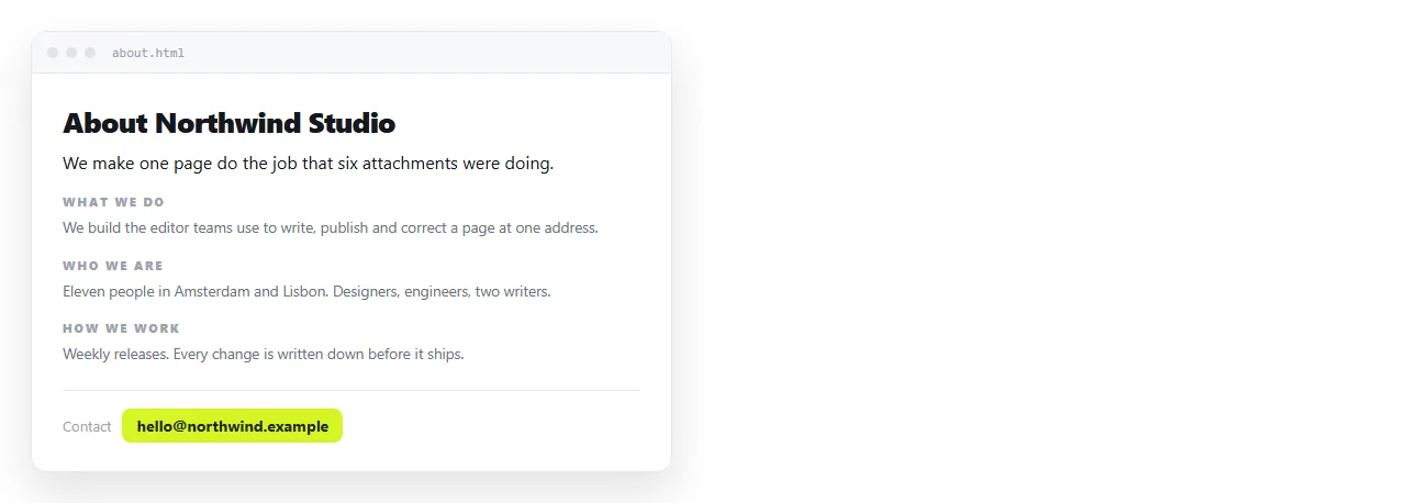 A finished about page. Heading, one-line statement, short sections, contact link at the bottom.