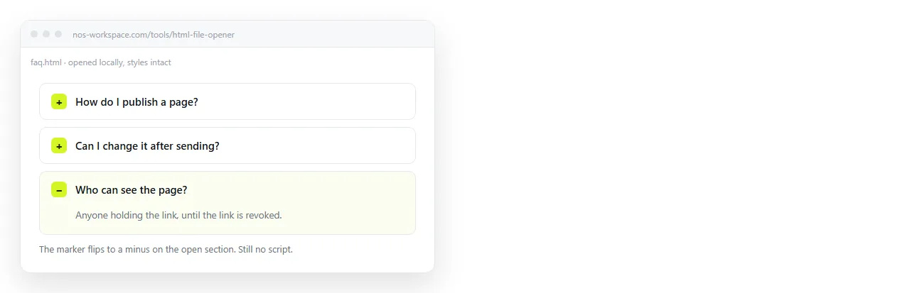 The accordion page in the HTML file opener with one section expanded and the styling intact.