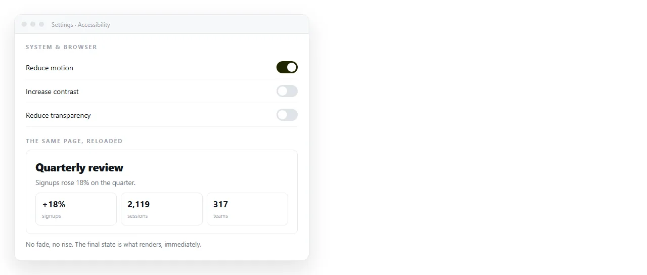 Browser settings with reduce motion enabled, and the same page rendering instantly in its final state.