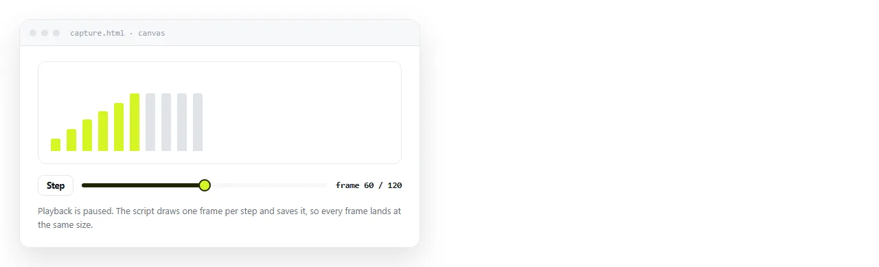 A canvas animation with a progress control, stepped to a specific frame rather than playing.