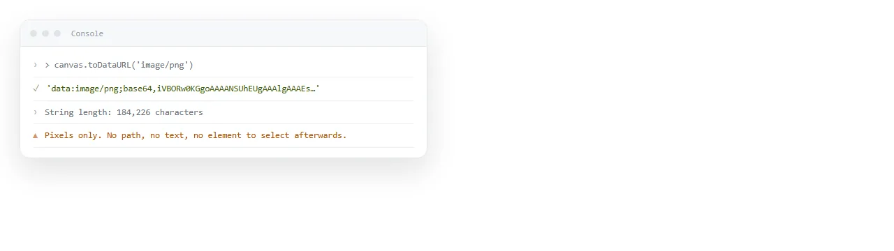 Dev tools console showing canvas.toDataURL returning a data URI that begins with image/png.