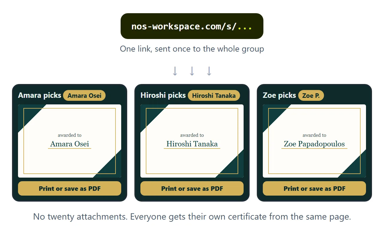 One link sent to the group. Each participant picks their name and gets their own certificate to print.