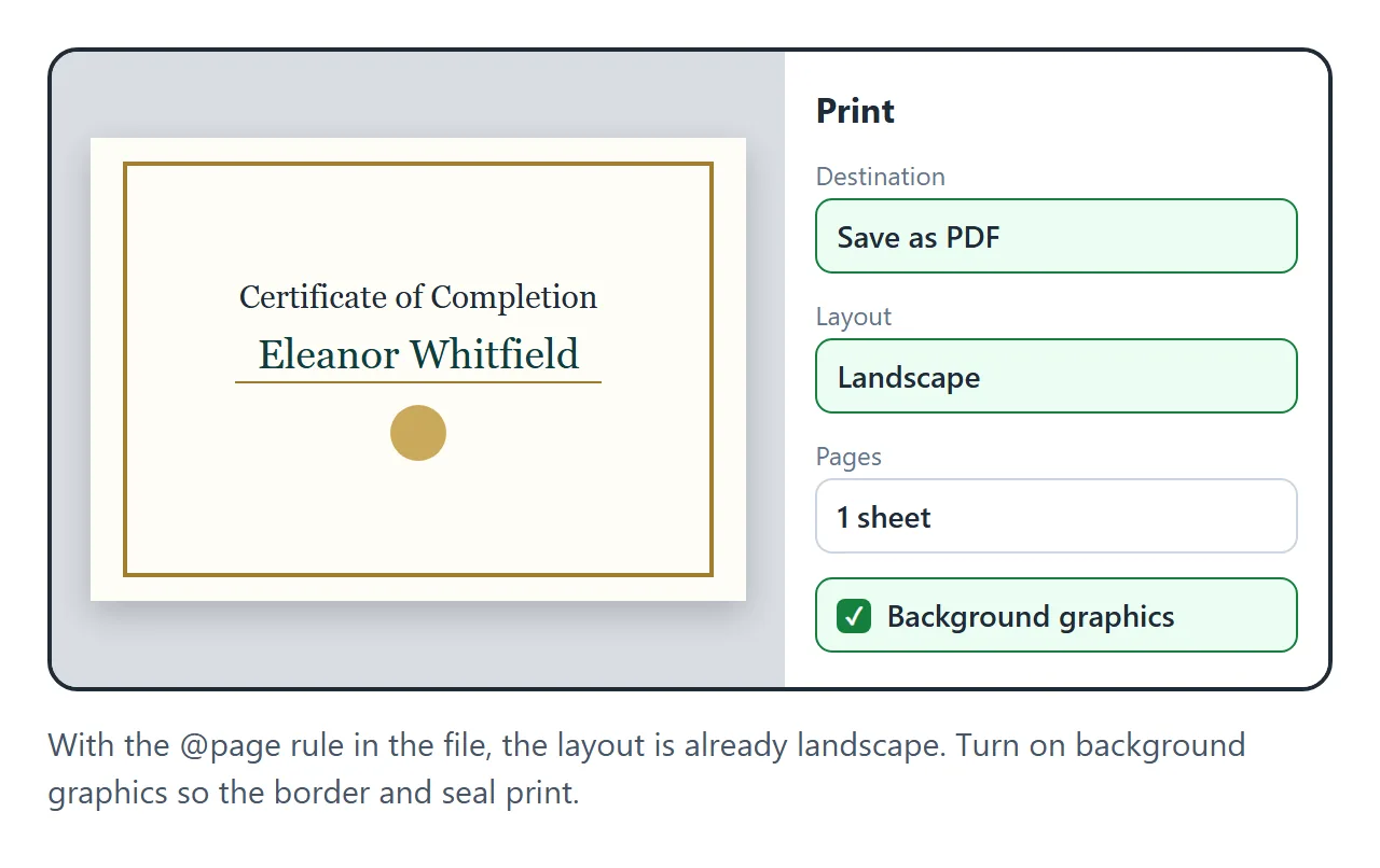 Print preview of the certificate: landscape, one page, background graphics on, and Save as PDF as the destination.