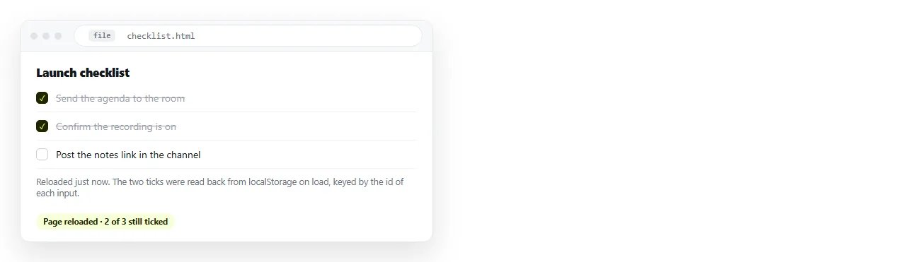 The same checklist after a reload, with the previously ticked items still ticked.