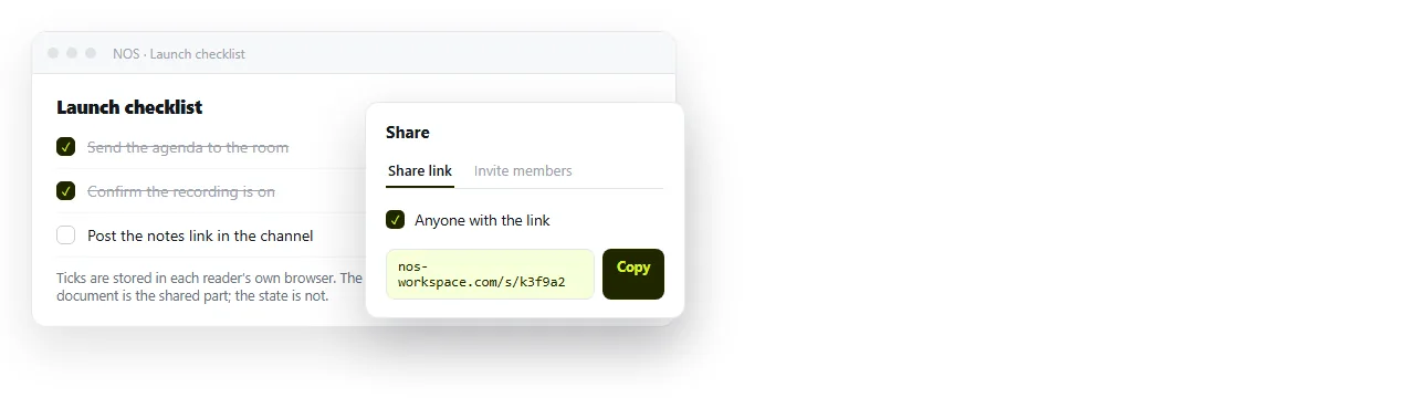 The checklist inside a NOS document, with the share dialog open beside it.