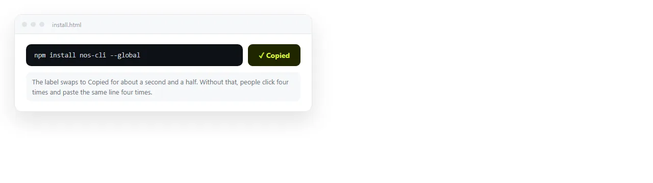 A code block with a Copy button beside it, showing the Copied state after a click.
