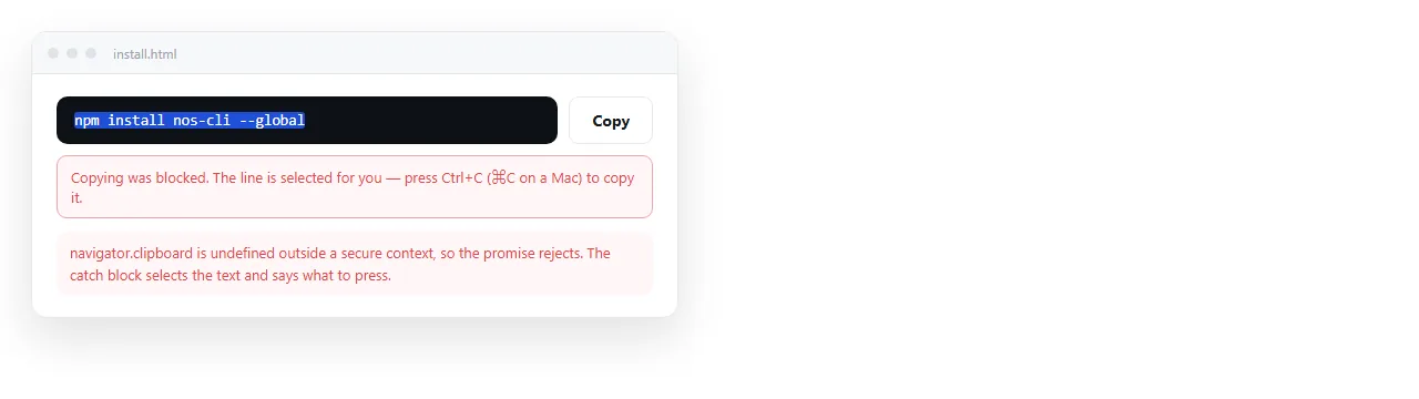 The same button after a rejected clipboard call, showing the manual copy instruction instead.