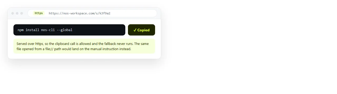 The shared page open in a browser, with the copy button working from the https address.