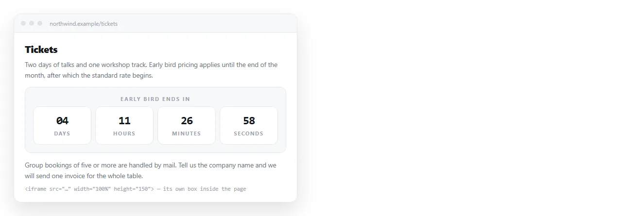 A countdown widget embedded inside a longer page, sitting in its own box.