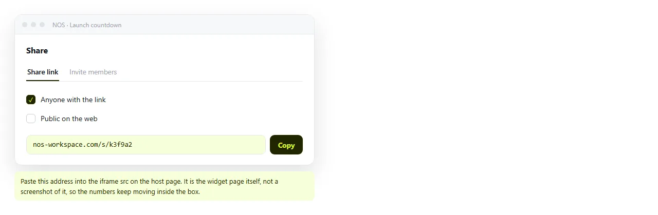 Creating the share link for the widget page. This address goes into the iframe.