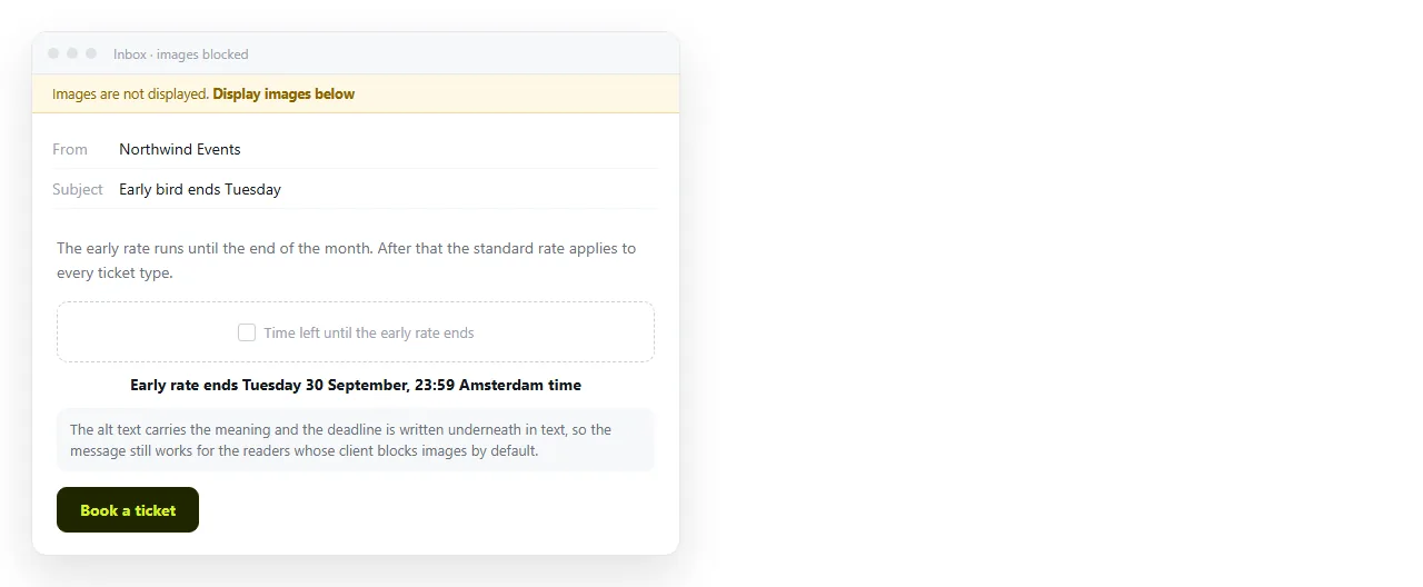 The same message with images blocked, showing the alt text and the written deadline underneath.