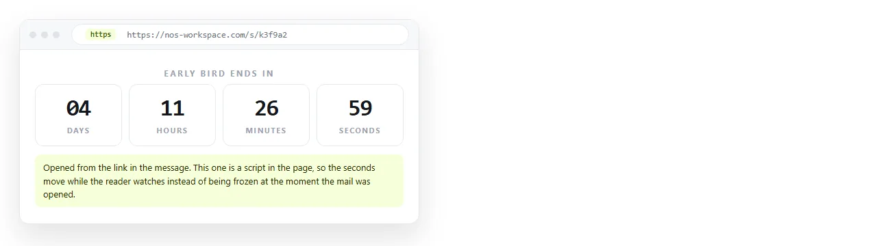 The countdown page opened from the message link, ticking in the browser.