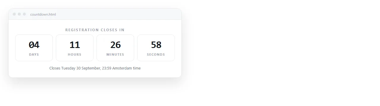 A countdown page showing days, hours, minutes and seconds in four blocks.