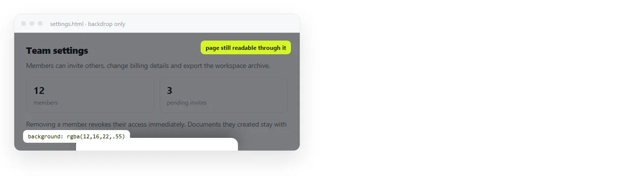 The dimmed backdrop behind the modal, with the page content still visible through it.