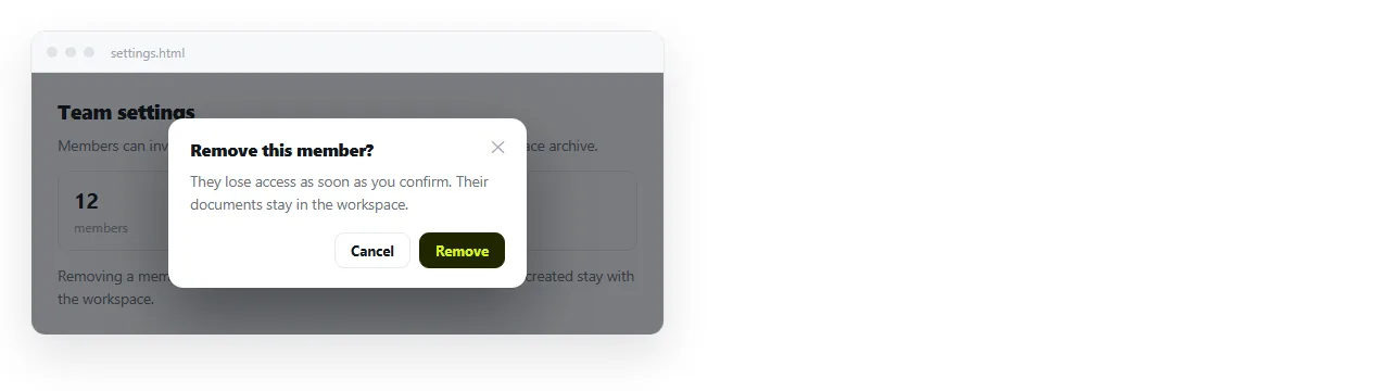 A modal panel centred over a dimmed page, with a heading and a close button.