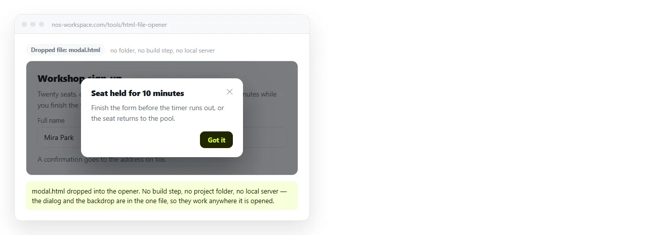 The modal opened in a window that has never seen the project folder.