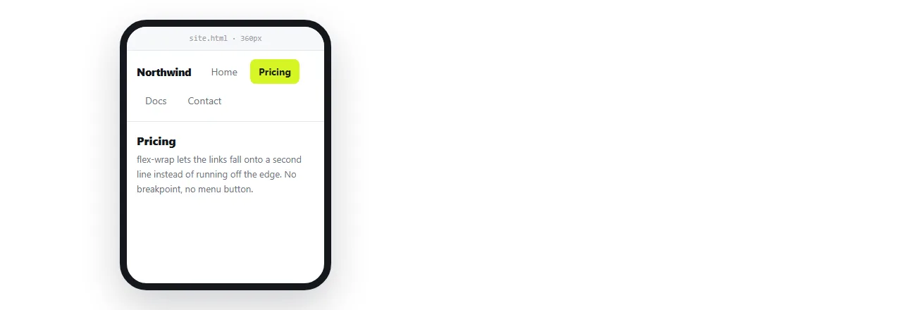 The same navbar at phone width, with the links wrapped onto a second line.