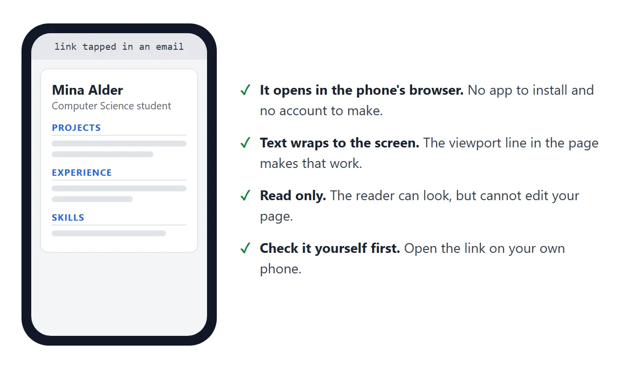 What the reader sees after tapping the link on a phone.