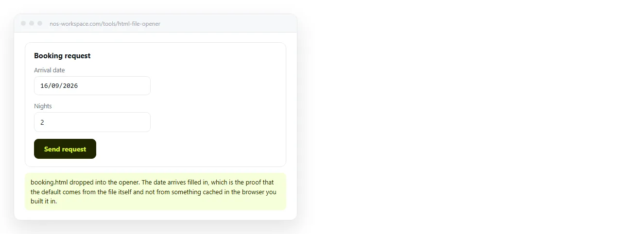 The form open in the HTML file opener, with the date field showing the prefilled value.