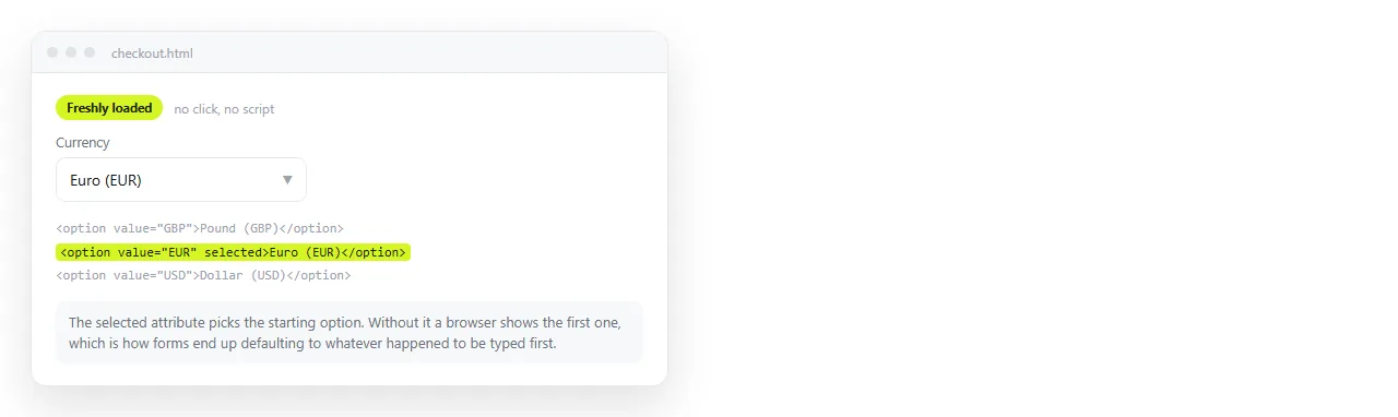 A select showing Euro as the chosen value with the page freshly loaded.
