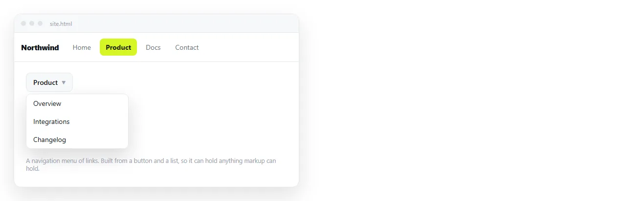 A navigation dropdown open under its trigger button, showing three links.