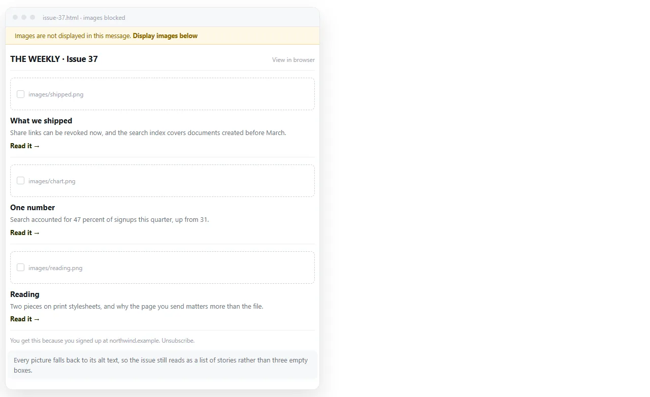 The same issue with images blocked, showing the alt text in place of each picture.