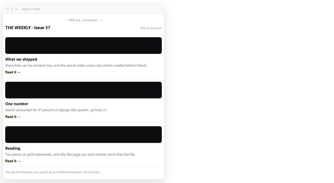 A newsletter issue rendered in a browser at 600 pixels wide, header and three story blocks visible.