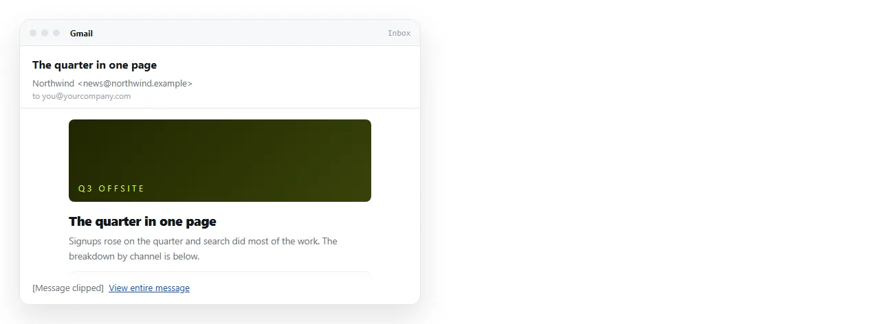 A Gmail message truncated with the View entire message link at the bottom of the visible content.