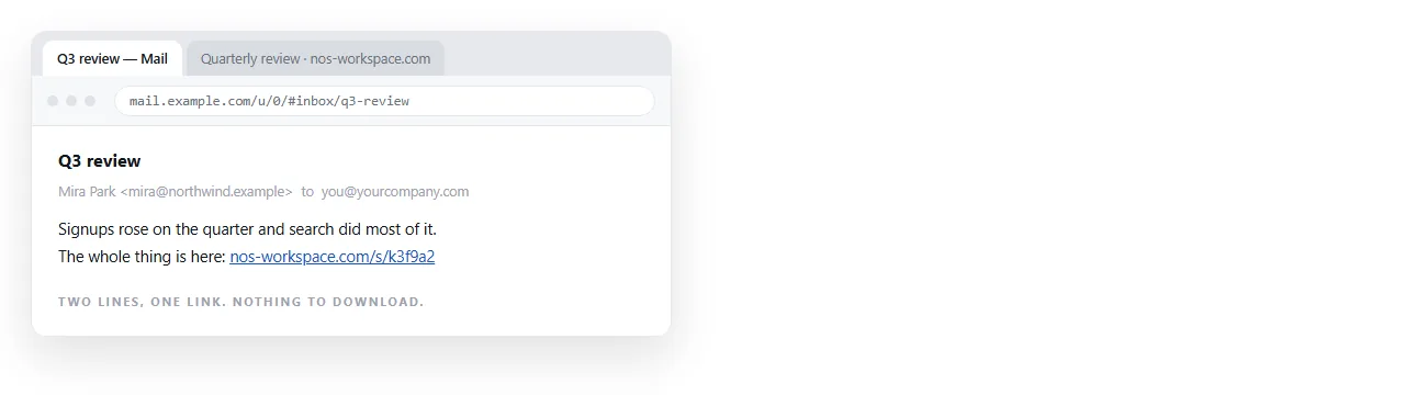 A two line email containing a single link, with the rendered page open in the next tab.