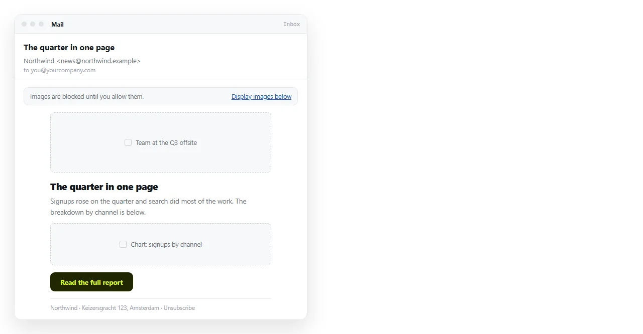 The same email with images blocked, showing the alt text that readers see before they allow images.