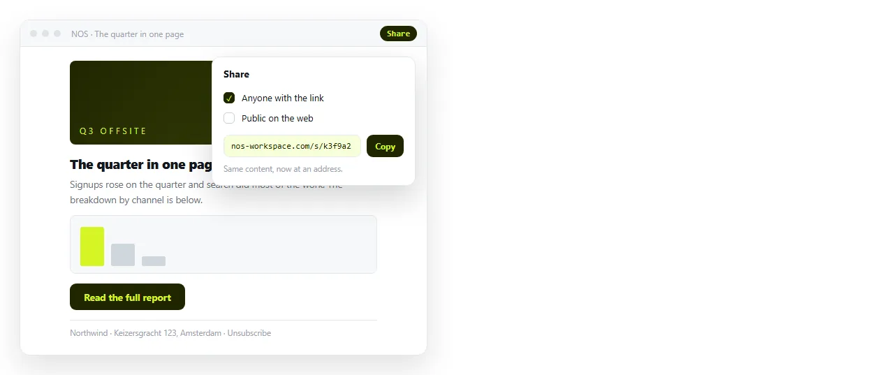 The same content rendered as a page in a NOS document, with the share link dialog open.