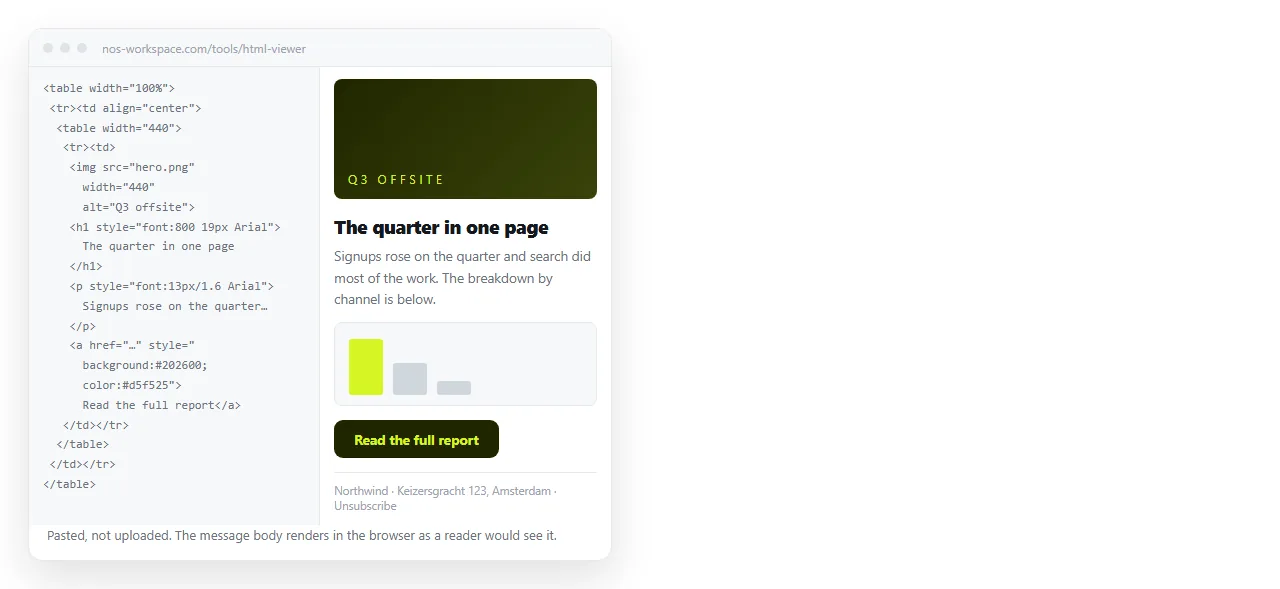Email HTML pasted into an online viewer, rendering the message body in the browser.