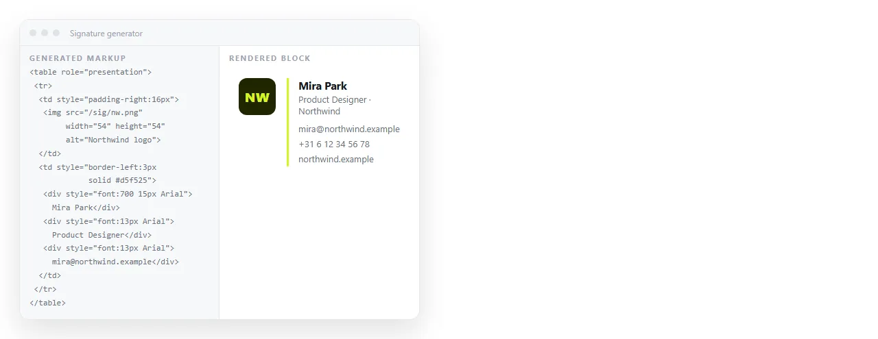 Generated signature markup on the left, the rendered block on the right.