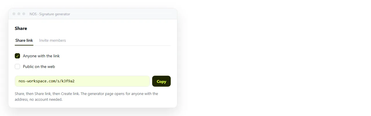 Share, then Share link, then Create link. The generator page opens for anyone with the address.