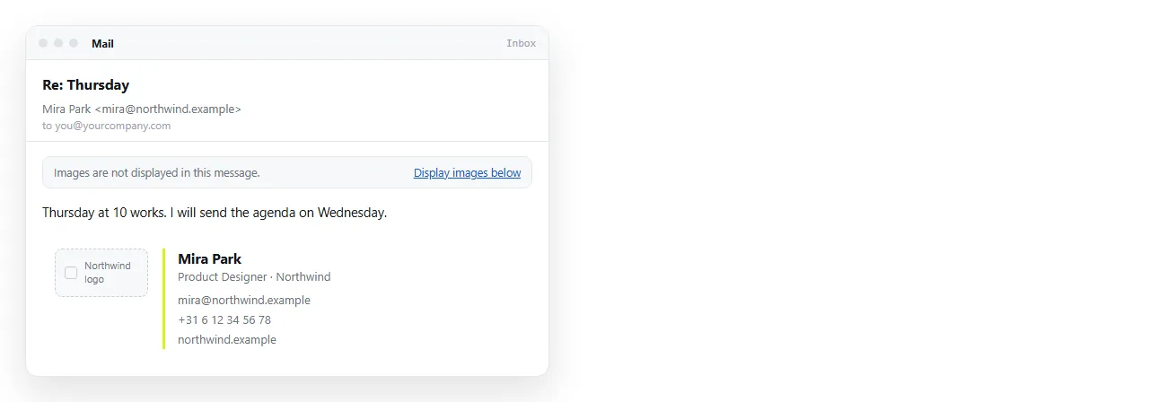 The same signature with images blocked, showing the alt text and all contact details still readable.