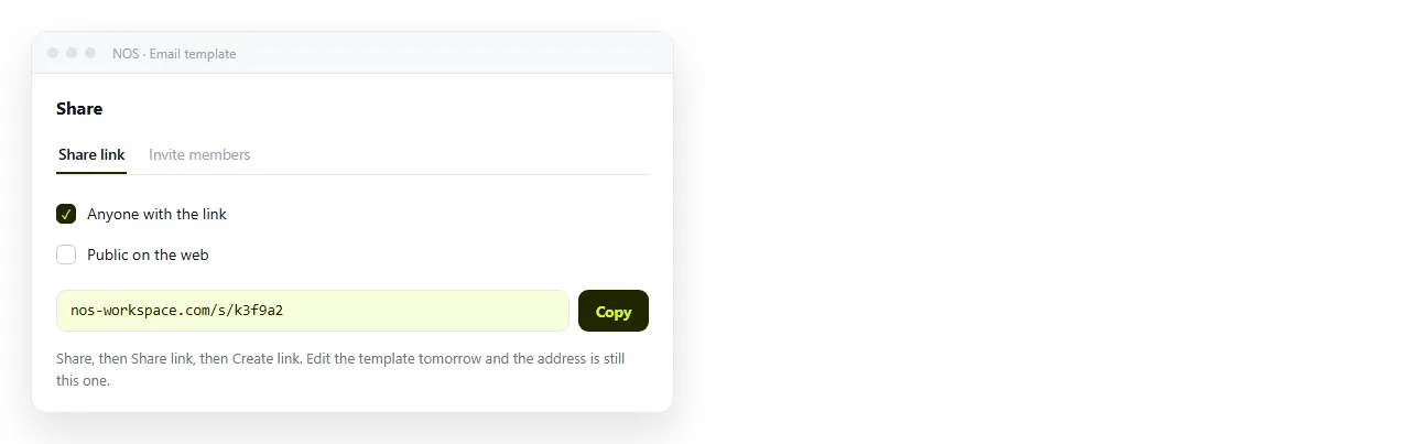 Share, then Share link, then Create link. The link stays the same after edits.